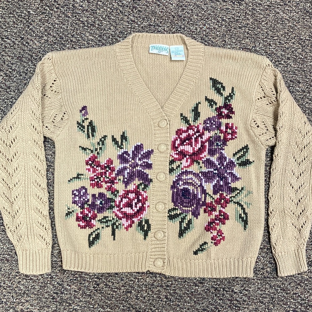 Vintage Northern Traditions 100% Cotton Cardigan knit buttons, size Large EUC